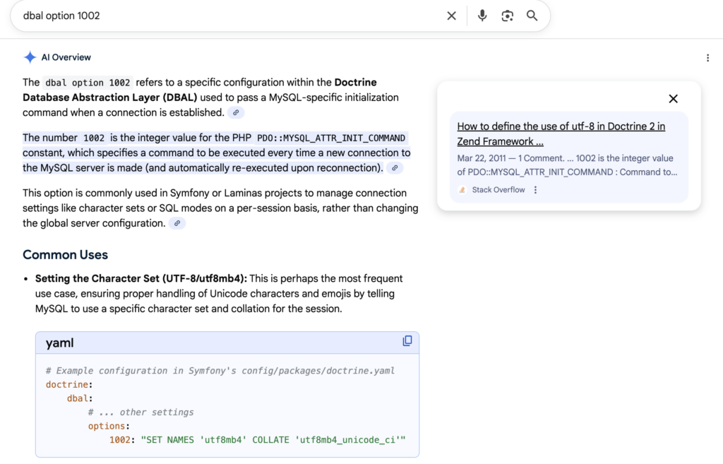 google ai overview screenshot of search I did for dbal configuration